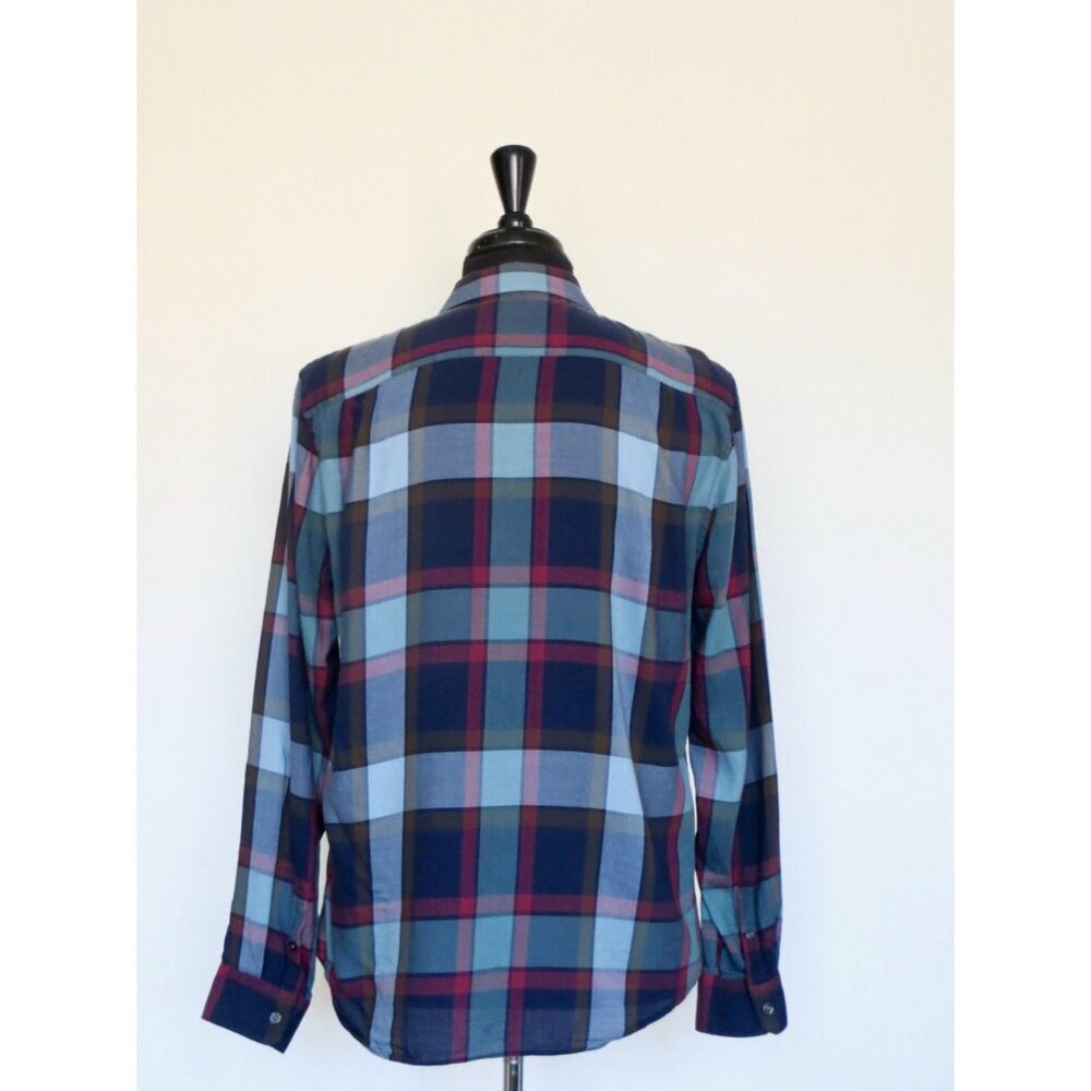 NEW! Vince Plaid Lightweight Button Front Shirt Navy Burgundy SZ M - Picture 3 of 6